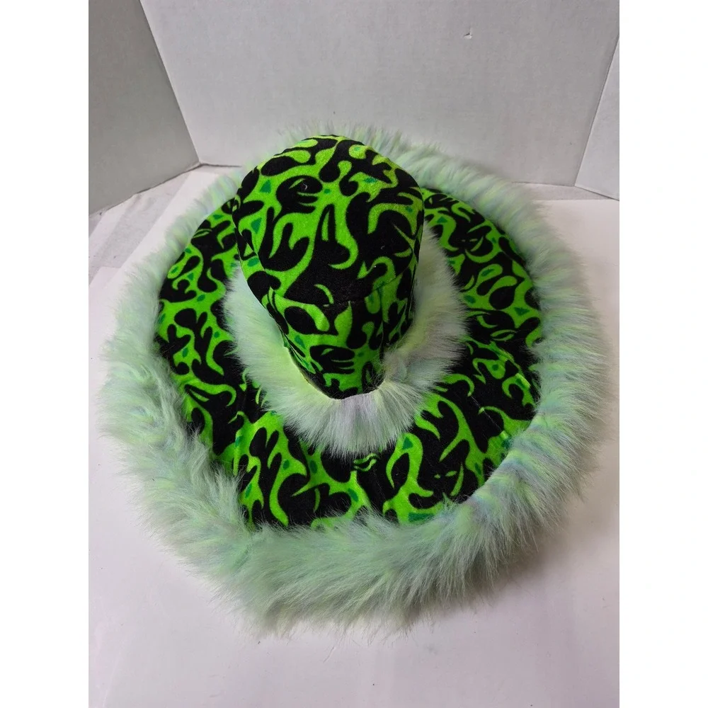 Neon Green Black Flame Print Wide Brim Hat Faux Fur Trim Festival Rave Halloween